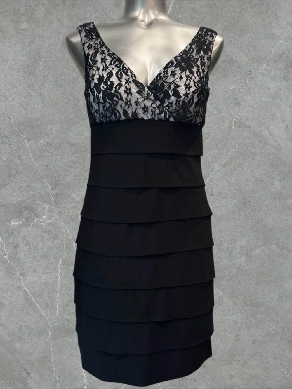 2 for $30 | Jessica Black Lace V-Neck Tiered Petite Dress
